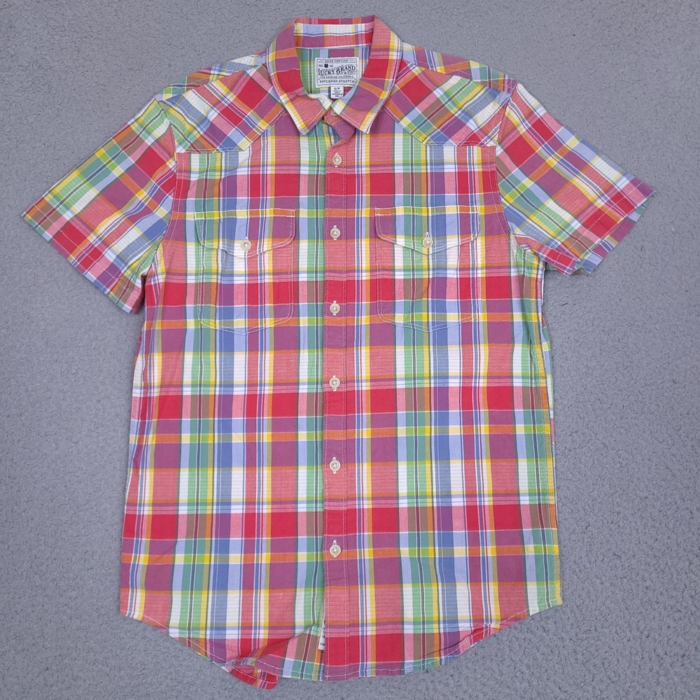 Lucky Brand Shirt Mens Small Red‎ Colorful Plaid Saturday Stretch Western